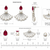 Pearl fan earrings with ruby red pear-cut stone, silver tone, stud back, 34.5 mm, pair