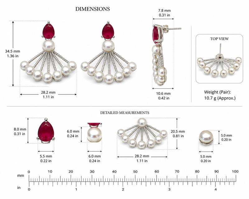 Pearl fan earrings with ruby red pear-cut stone, silver tone, stud back, 34.5 mm, pair