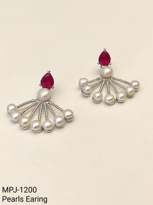 Pearl fan earrings with ruby red pear-cut stone, silver tone, stud back, 34.5 mm, pair 4