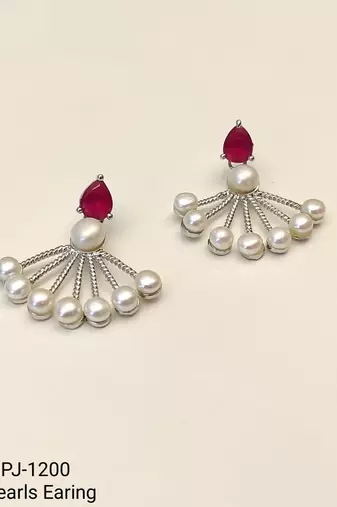 Pearl fan earrings with ruby red pear-cut stone, silver tone, stud back, 34.5 mm, pair