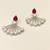 Pearl fan earrings with ruby red pear-cut stone, silver tone, stud back, 34.5 mm, pair