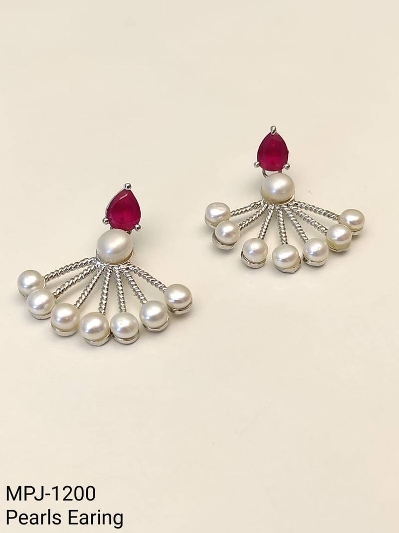 Pearl fan earrings with ruby red pear-cut stone, silver tone, stud back, 34.5 mm, pair