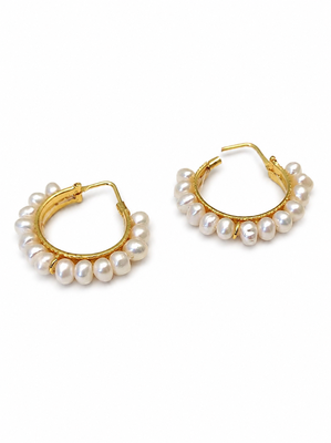 Pearl hoop earrings, gold, freshwater pearl, 20 mm, huggie style, white 1
