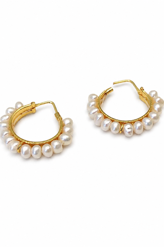 Pearl hoop earrings, gold, freshwater pearl, 20 mm, huggie style, white