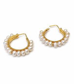 Pearl hoop earrings, gold, freshwater pearl, 20 mm, huggie style, white
