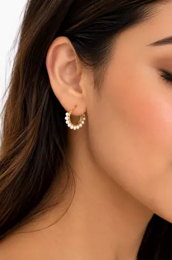 Pearl hoop earrings, gold, freshwater pearl, 20 mm, huggie style, white