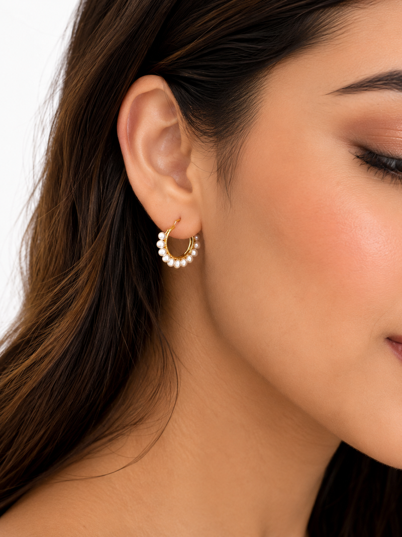 Pearl hoop earrings, gold, freshwater pearl, 20 mm, huggie style, white