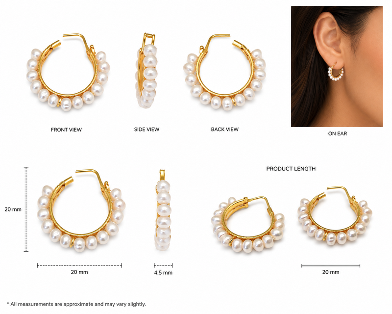 Pearl hoop earrings, gold, freshwater pearl, 20 mm, huggie style, white
