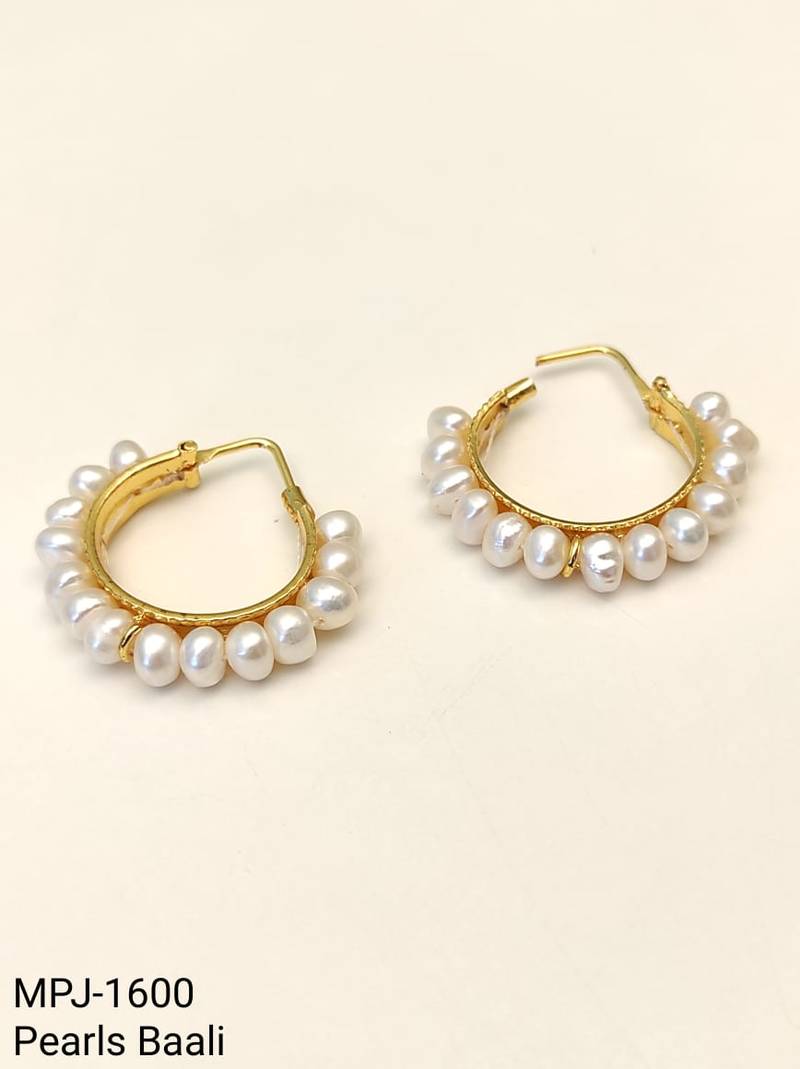Pearl hoop earrings, gold, freshwater pearl, 20 mm, huggie style, white