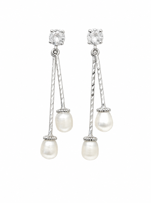 Silver drop earrings with dual freshwater pearls and cz stud, white, dangle style 1