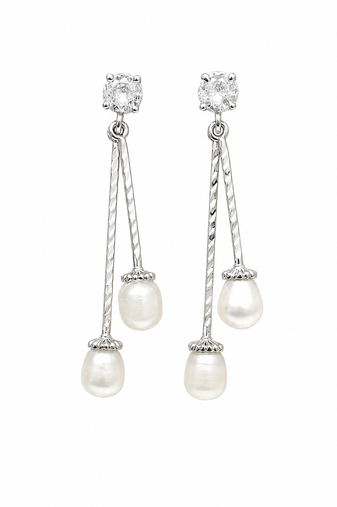 Silver drop earrings with dual freshwater pearls and cz stud, white, dangle style