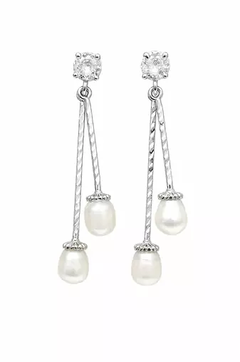 Silver drop earrings with dual freshwater pearls and cz stud, white, dangle style