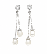 Silver drop earrings with dual freshwater pearls and cz stud, white, dangle style