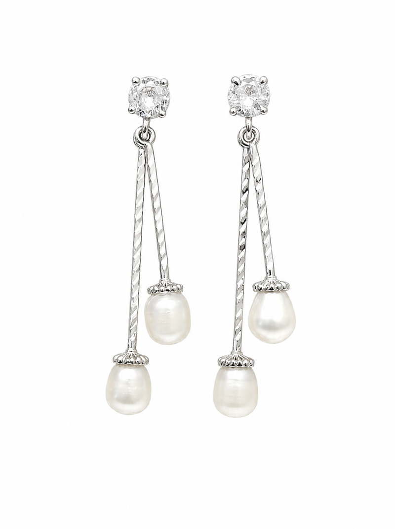 Silver drop earrings with dual freshwater pearls and cz stud, white, dangle style