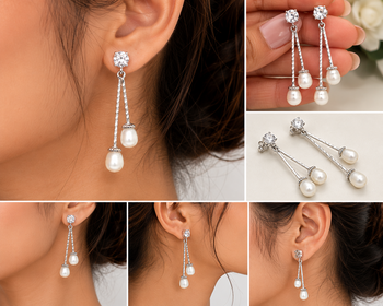 Silver drop earrings with dual freshwater pearls and cz stud, white, dangle style 2