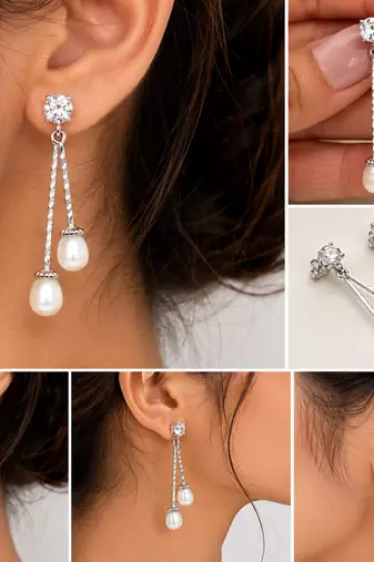 Silver drop earrings with dual freshwater pearls and cz stud, white, dangle style