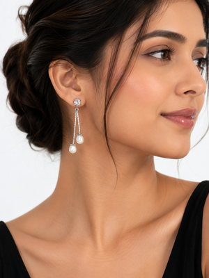Silver drop earrings with dual freshwater pearls and cz stud, white, dangle style 3