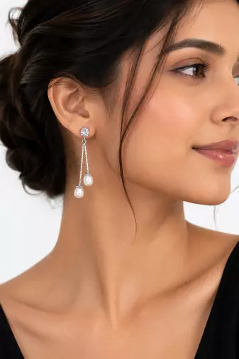 Silver drop earrings with dual freshwater pearls and cz stud, white, dangle style