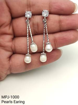 Silver drop earrings with dual freshwater pearls and cz stud, white, dangle style 4