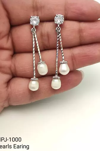 Silver drop earrings with dual freshwater pearls and cz stud, white, dangle style