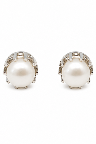 Pearl stud earrings, white freshwater pearl, silver-tone crown setting, classic elegant jewellery.