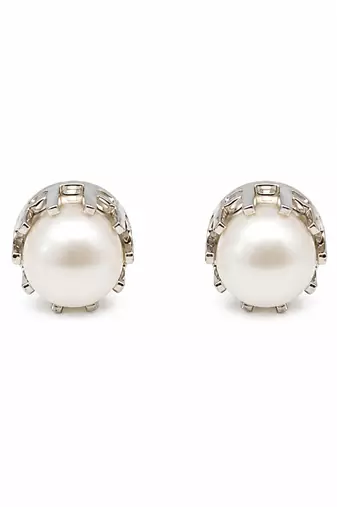 Pearl stud earrings, white freshwater pearl, silver-tone crown setting, classic elegant jewellery.