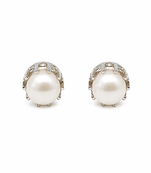 Pearl stud earrings, white freshwater pearl, silver-tone crown setting, classic elegant jewellery.