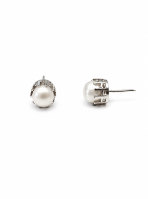 Pearl stud earrings, white freshwater pearl, silver-tone crown setting, classic elegant jewellery. 2
