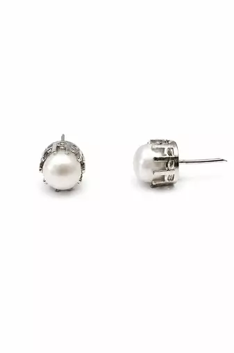 Pearl stud earrings, white freshwater pearl, silver-tone crown setting, classic elegant jewellery.