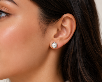 Pearl stud earrings, white freshwater pearl, silver-tone crown setting, classic elegant jewellery. 3