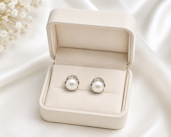 Pearl stud earrings, white freshwater pearl, silver-tone crown setting, classic elegant jewellery. 4