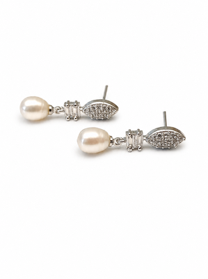 Pearl drop earrings, silver tone, freshwater pearl with cubic zirconia marquise stud, elegant bridal style 1