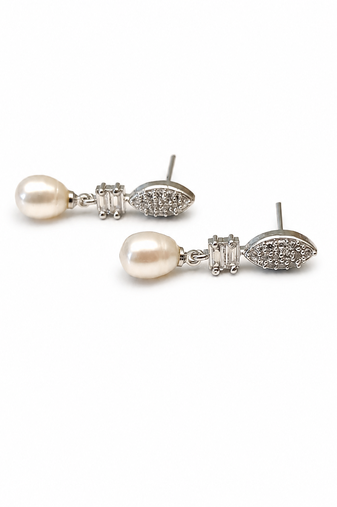 Pearl drop earrings, silver tone, freshwater pearl with cubic zirconia marquise stud, elegant bridal style