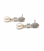 Pearl drop earrings, silver tone, freshwater pearl with cubic zirconia marquise stud, elegant bridal style