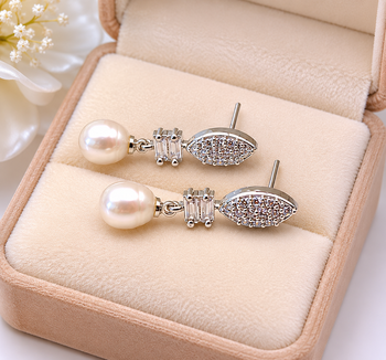 Pearl drop earrings, silver tone, freshwater pearl with cubic zirconia marquise stud, elegant bridal style 2