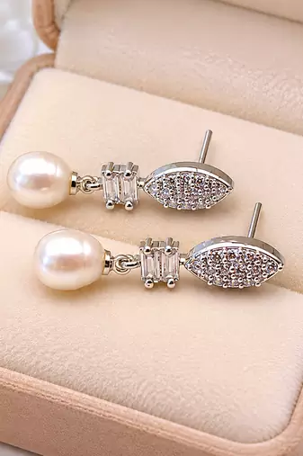 Pearl drop earrings, silver tone, freshwater pearl with cubic zirconia marquise stud, elegant bridal style