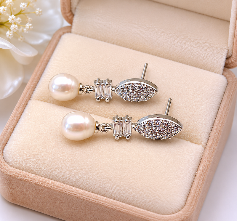 Pearl drop earrings, silver tone, freshwater pearl with cubic zirconia marquise stud, elegant bridal style