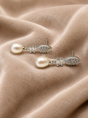 Pearl drop earrings, silver tone, freshwater pearl with cubic zirconia marquise stud, elegant bridal style 3