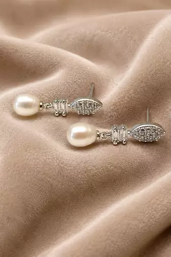 Pearl drop earrings, silver tone, freshwater pearl with cubic zirconia marquise stud, elegant bridal style