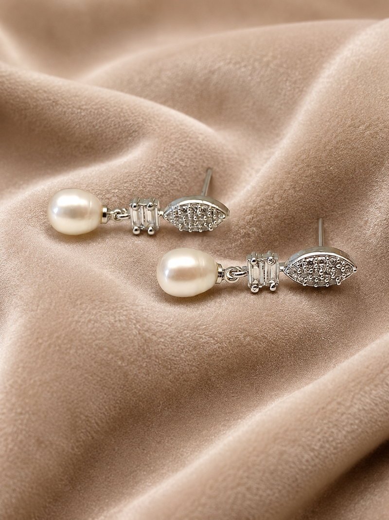 Pearl drop earrings, silver tone, freshwater pearl with cubic zirconia marquise stud, elegant bridal style
