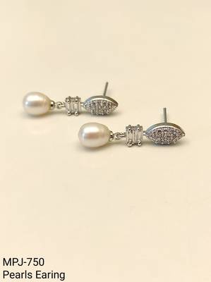 Pearl drop earrings, silver tone, freshwater pearl with cubic zirconia marquise stud, elegant bridal style 4
