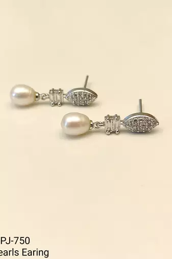 Pearl drop earrings, silver tone, freshwater pearl with cubic zirconia marquise stud, elegant bridal style