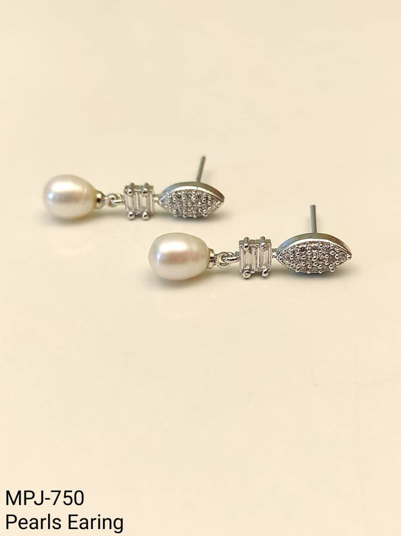 Pearl drop earrings, silver tone, freshwater pearl with cubic zirconia marquise stud, elegant bridal style