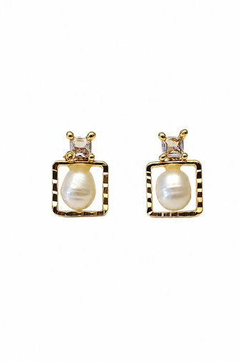 Freshwater baroque pearl stud earrings, gold-toned square frame with crystal zirconia, elegant jewellery