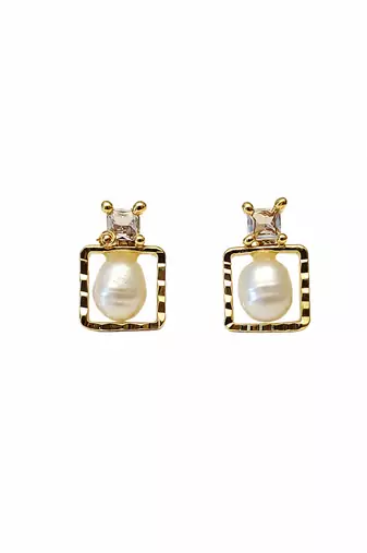 Freshwater baroque pearl stud earrings, gold-toned square frame with crystal zirconia, elegant jewellery
