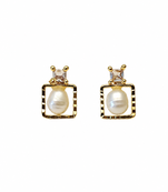 Freshwater baroque pearl stud earrings, gold-toned square frame with crystal zirconia, elegant jewellery