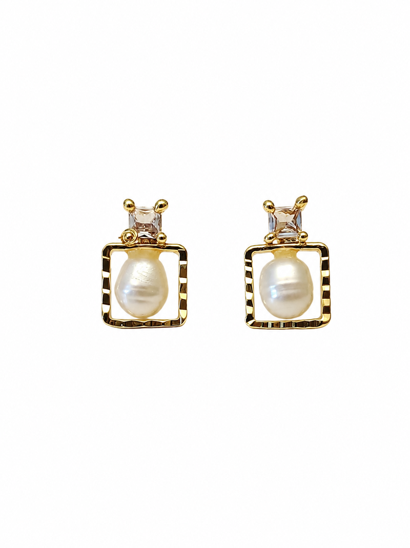 Freshwater baroque pearl stud earrings, gold-toned square frame with crystal zirconia, elegant jewellery