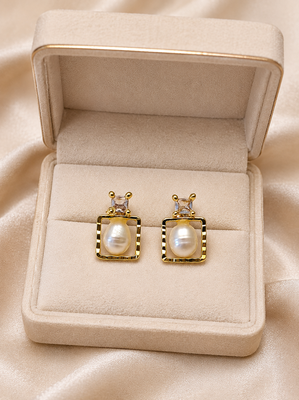 Freshwater baroque pearl stud earrings, gold-toned square frame with crystal zirconia, elegant jewellery 2