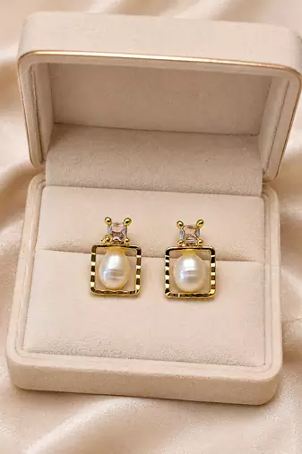 Freshwater baroque pearl stud earrings, gold-toned square frame with crystal zirconia, elegant jewellery