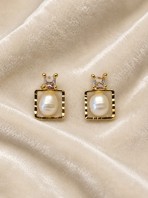Freshwater baroque pearl stud earrings, gold-toned square frame with crystal zirconia, elegant jewellery 3
